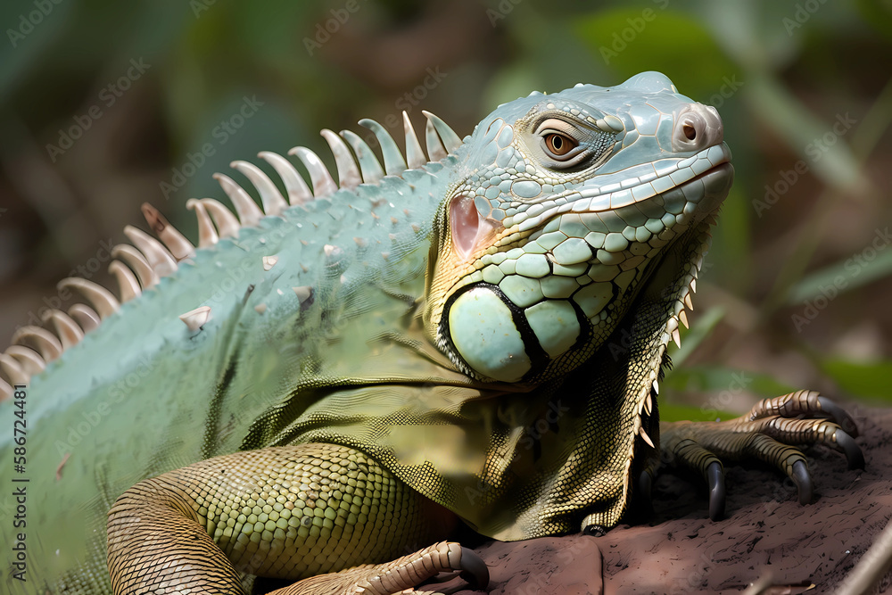 Obraz premium Iguana - Central and South America - A group of reptile species known for their distinctive appearance and ability to change color. They are threatened by habitat loss and hunting (Generative AI)