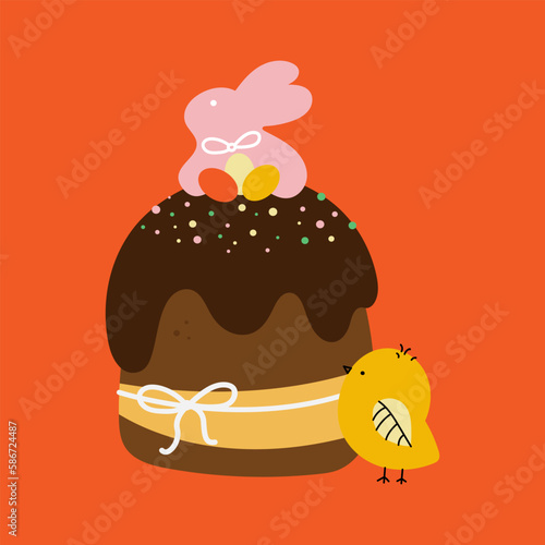 Easter pastries are decorated with a pink bunny. Cupcake, cake, dessert with easter symbols. Cute yellow chick. Vector illustration on a bright background