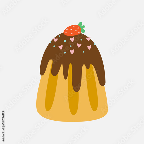 Easter cake decorated with strawberries. Cupcake, cake, dessert with easter symbols. Vector illustration isolated on white background in a flat style