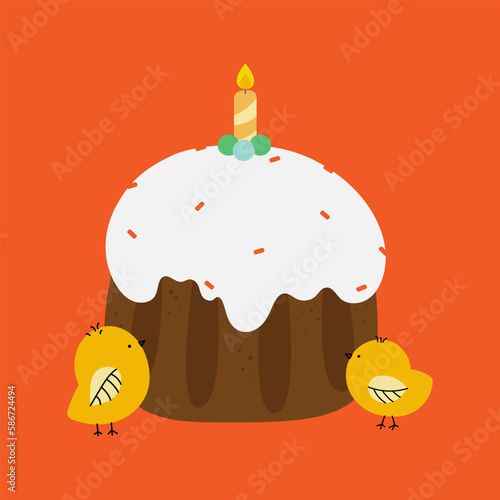 Easter cake with a candle and yellow chicks. Cupcake, cake, dessert with easter symbols. Vector illustration on a bright background in a flat style