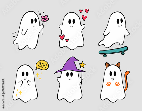 Set of cute ghost. Collection of sweet flying spirit. Halloween symbol. Boo. Cartoon spooky baby character. Vector illustration for greeting card.
