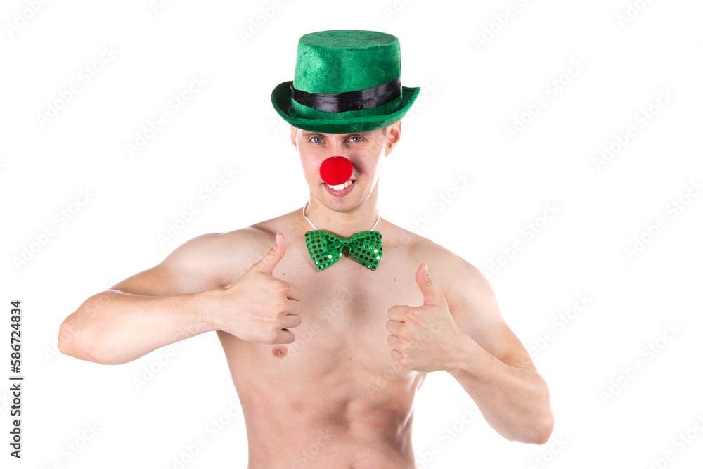 Attractive man in a clown costume. White background. Attractive man in a clown costume. White background.