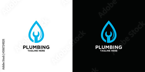 Plumbing service logo design template, pipe drain concept, repair work, water drop, pipe and wrench piping icon