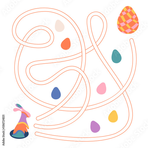 Labyrinth for kids with with Easter bunny and eggs. Maze game for preschool children. Puzzle, simple matching game. Vector illustration isolated on white background