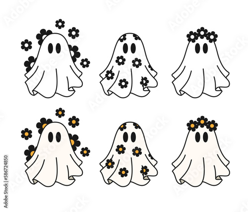 Cute Ghosts With Daisies Vector, Spooky Season, Halloween