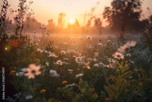  a field of daisies and wildflowers with the sun setting in the distance in the distance, with trees in the background, and a fog in the foreground. generative ai