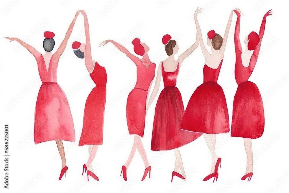 a group of women in red dresses and high heels are standing in a row with their arms in the air and their hands in the air. generative ai a group of women in red dresses and high heels are standing in a row with their arms in the air and their hands in the air. generative ai