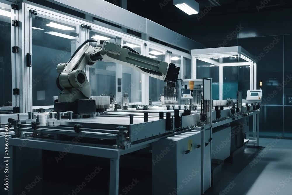  a robotic arm operating on a machine in a room with glass walls and a door leading to another room with a glass door and a window.  generative ai