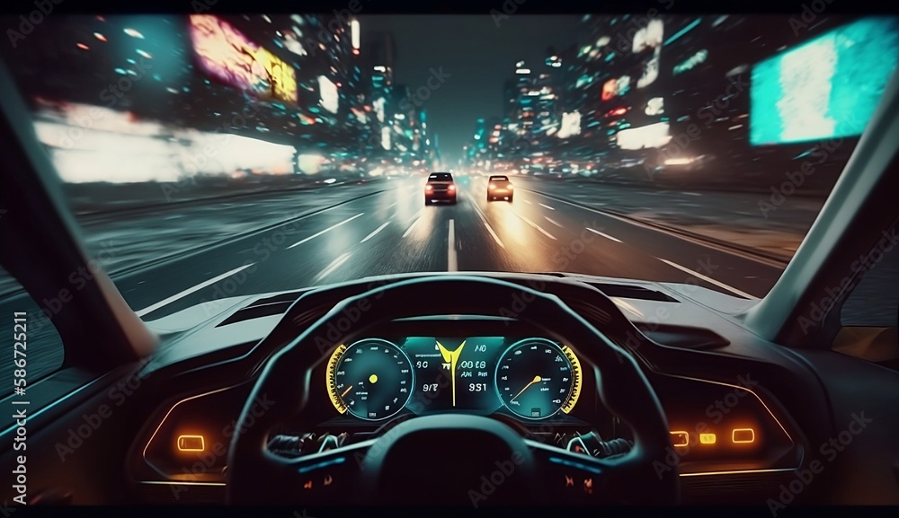 Car interior, neon monitor, steering wheel and controls, rear view. Sports car, futuristic autonomous vehicle. First-person view. Generative Ai - obrazy, fototapety, plakaty 