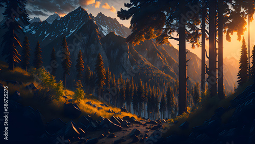 sunrise over the florest mountains by AI © PokaZoi