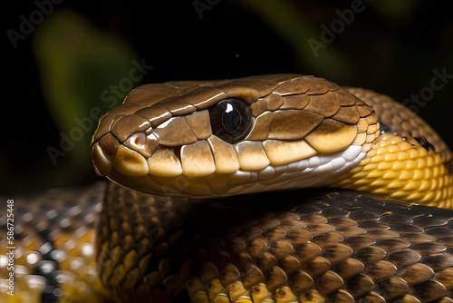 King Cobra - South and Southeast Asia - The longest venomous snake, known for their distinctive hood and aggressive behavior. They feed on a variety of prey, including other snakes (Generative AI)