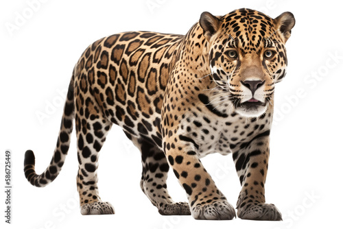 an isolated jaguar front-view  whole body  stalking prey  horizontal  fierce jungle-themed photorealistic illustration on a transparent background in PNG. Panthera onca. Generative AI