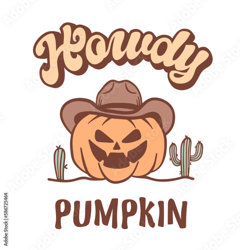 Halloween Pumpkin cowboy vector printable illustration. Halloween pumpkin wearing cowboy hat with howdy text and American desert cactuses. Vector color illustration isolated on white background. photo