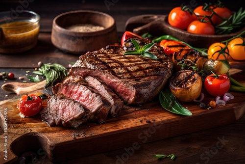  a piece of steak on a cutting board with tomatoes, peppers, and herbs on a wooden table next to a bowl of seasoning. generative ai