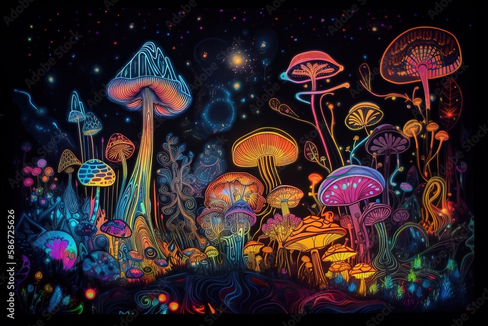  a painting of many different types of mushrooms in the night sky with stars in the sky behind them and a black background with a black border.  generative ai