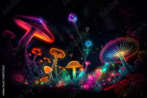  a group of mushrooms that are glowing in the dark night sky with bright lights in the dark, and a black background with a variety of colors. generative ai