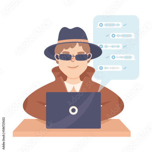 Espionage with Man Private Detective at Laptop Observing Chat Audio Records Vector Illustration