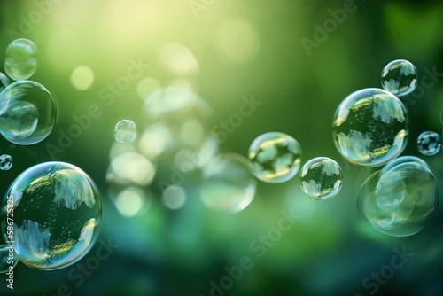  a bunch of bubbles floating in the air on a green background with a blurry light in the middle of the image and a blurry background. generative ai