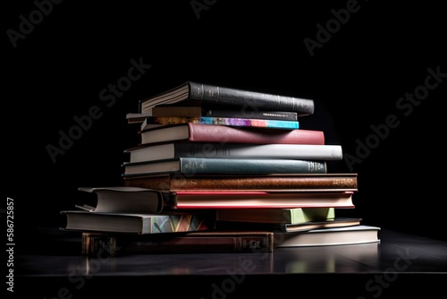  a stack of books sitting on top of each other on a table next to a black background with a light coming from the top of the stack.  generative ai