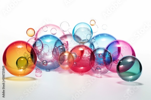  a group of multicolored balls with bubbles on a white background with a yellow circle in the middle of the picture and a yellow circle in the middle of the picture. generative ai