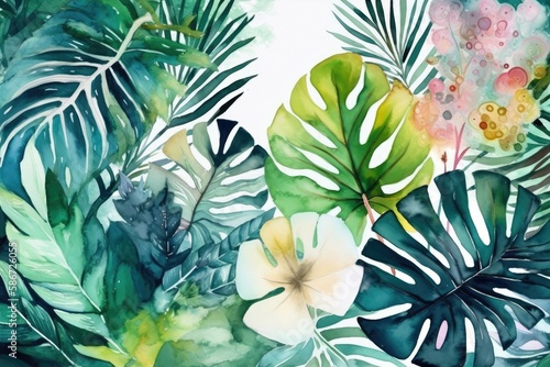 Tropical plants that will transport you to paradise. Watercolor Painting. Generative AI