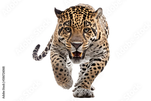 an isolated jaguar front-view, whole body, stalking prey, horizontal, fierce jungle-themed photorealistic illustration on a transparent background in PNG. Panthera onca. Generative AI photo