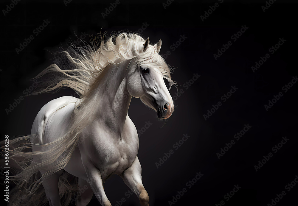 White horse on a dark background. Generative AI.