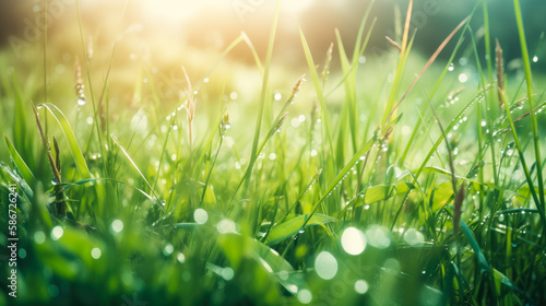Grass with morning dew. Spring, summer background