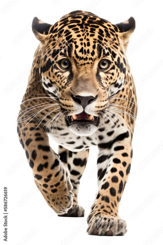 Obraz premium an isolated jaguar front-view, whole body, stalking prey, horizontal, fierce jungle-themed photorealistic illustration on a transparent background in PNG. Panthera onca. Generative AI