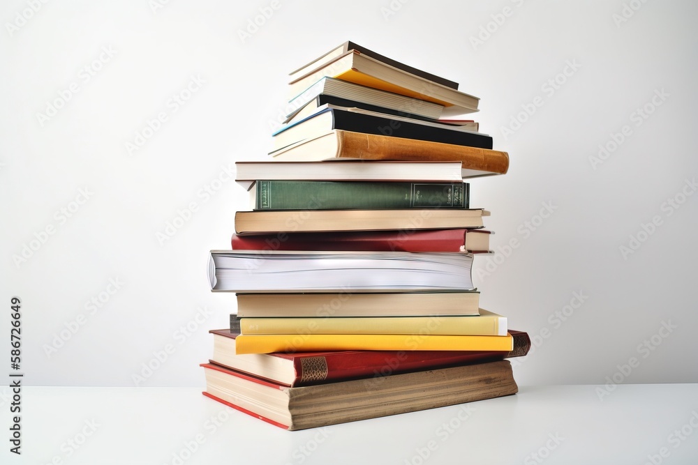 a stack of books sitting on top of each other on a white tablecloth covered table top with a white wall in the back ground. generative ai a stack of books sitting on top of each other on a white tablecloth covered table top with a white wall in the back ground. generative ai