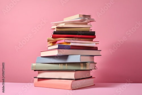  a stack of books sitting on top of a pink table next to a pink wall and a pink wall behind it is a stack of books. generative ai