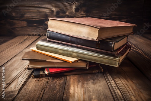  a stack of books sitting on top of a wooden table next to a wooden wall with a wooden floor and a wooden wall in the background. generative ai