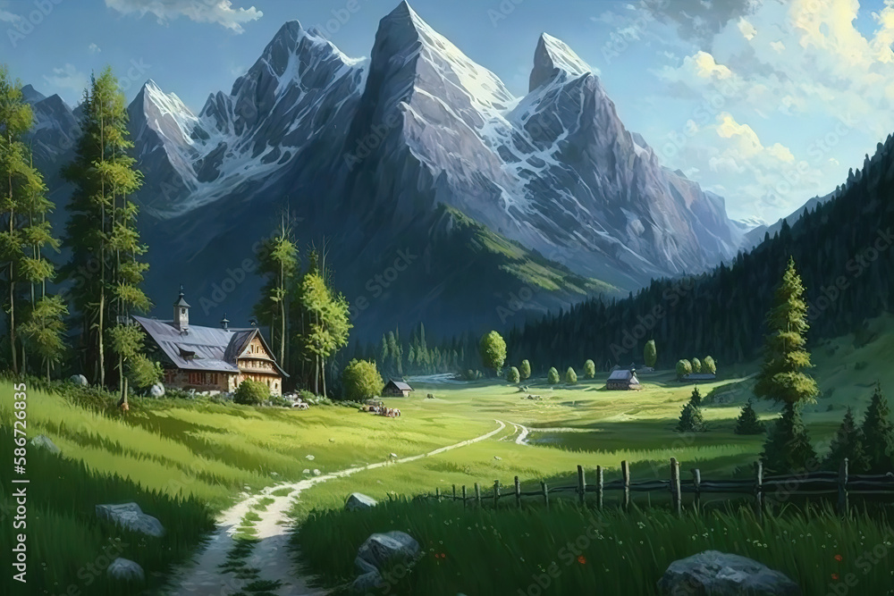 a painting of a green field with a mountain in the background, scenery artwork, nature landscape, art illustration