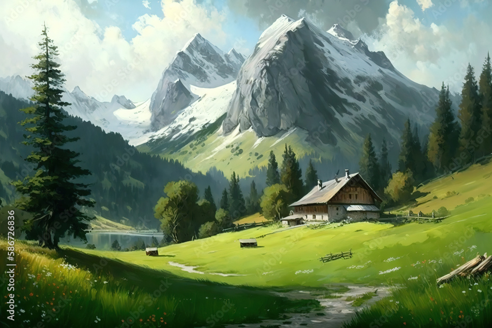 a painting of a green field with a mountain in the background, scenery artwork, nature landscape, art illustration