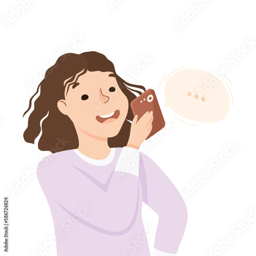 Young Woman Speaking Phone or Recording Audio Message in Chat Vector Illustration