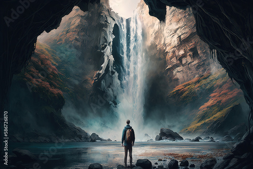 a painting of a man standing in front of a waterfall, fantasy, art illustration 