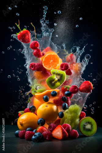 ilustración de Explosión de frutas y agua sobre fondo negro, creado con IA Generativa 