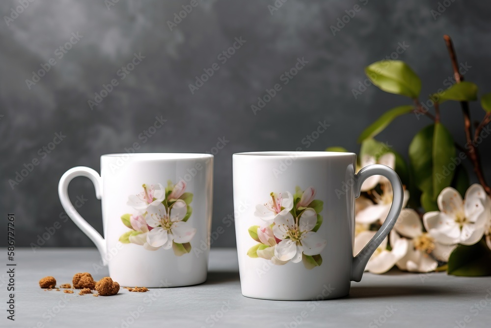 two coffee mugs with flowers painted on them sitting next to a vase with flowers on it and a branch of a tree in the background. generative ai two coffee mugs with flowers painted on them sitting next to a vase with flowers on it and a branch of a tree in the background. generative ai