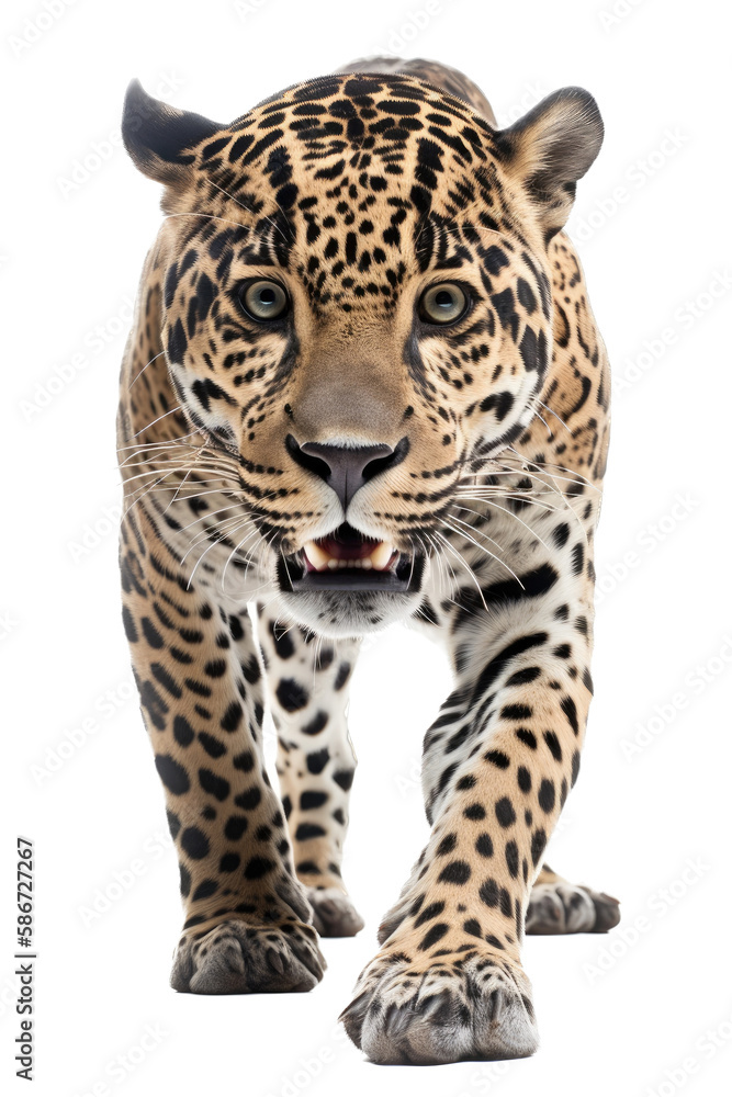 Obraz premium an isolated jaguar front-view, whole body, stalking prey, horizontal, fierce jungle-themed photorealistic illustration on a transparent background in PNG. Panthera onca. Generative AI