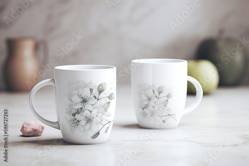  two coffee mugs sitting on top of a table next to a pink ball of yarn and a vase with flowers on it and a marble surface.  generative ai