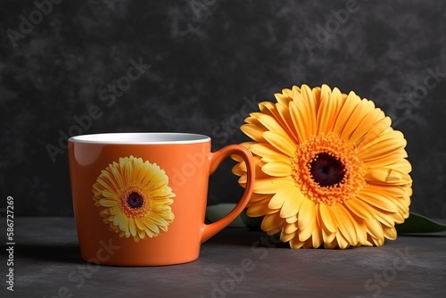  a yellow flower sitting next to a coffee cup on a table next to a gray background with a black background and a gray wall behind it. generative ai