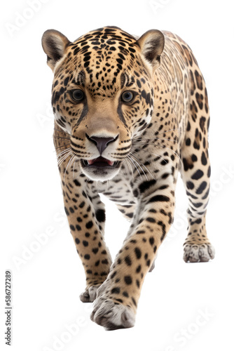 an isolated jaguar front-view, whole body, stalking prey, horizontal, fierce jungle-themed photorealistic illustration on a transparent background in PNG. Panthera onca. Generative AI © Purple Penguin GFX