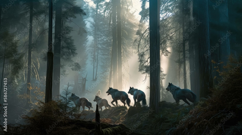 Fototapeta Illustration of a pack of wolves in a misty forest in the morning. Generative AI.