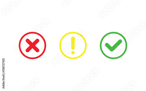 Vector icon illustration of cross mark, exclamation mark, check mark. Button icon with line art isolated on white background. Green, red, yellow, circle vector symbol.