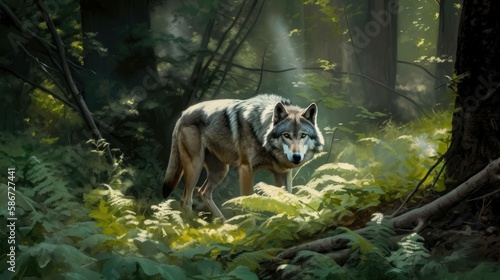 Illustration of a wolf in a forest. Generative AI. © Tuyres