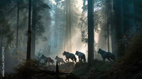Illustration of a pack of wolves in a misty forest in the morning. Generative AI.