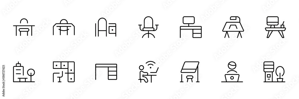 Office workspace furniture & elements - thin line web icon set. Outline icons collection. Simple vector illustration. can be used for web, logo, UI/UX, app. Office workspace furniture & elements - thin line web icon set. Outline icons collection. Simple vector illustration. can be used for web, logo, UI/UX, app.