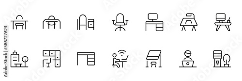 Office workspace furniture & elements - thin line web icon set. Outline icons collection. Simple vector illustration. can be used for web, logo, UI/UX, app.	