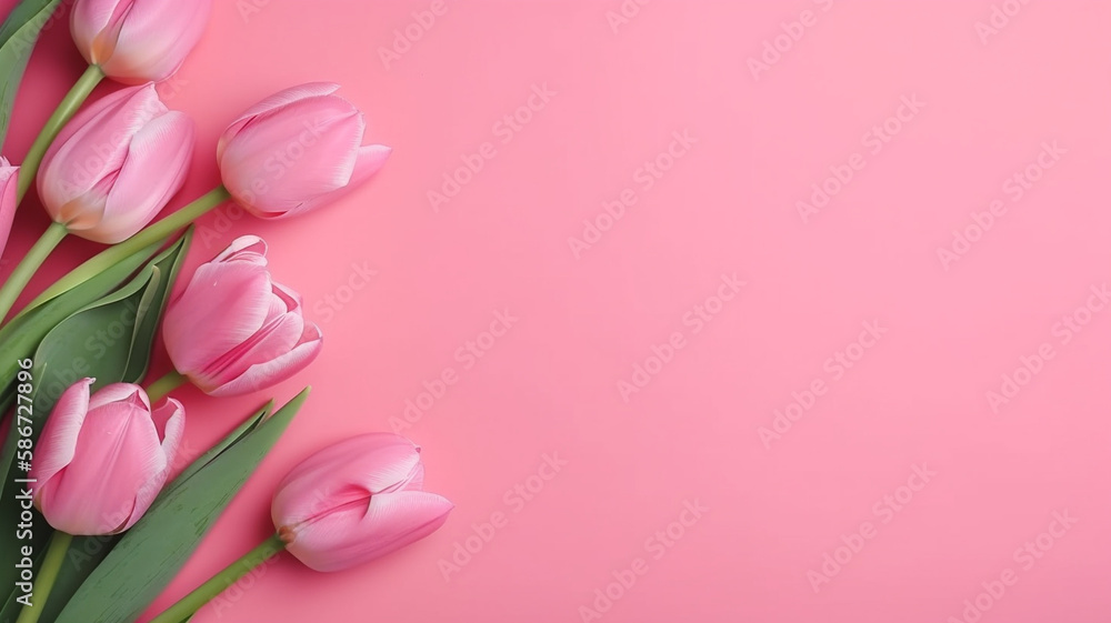 Pink Tulips on pink background. Copy Space. Created with Generative AI.	
