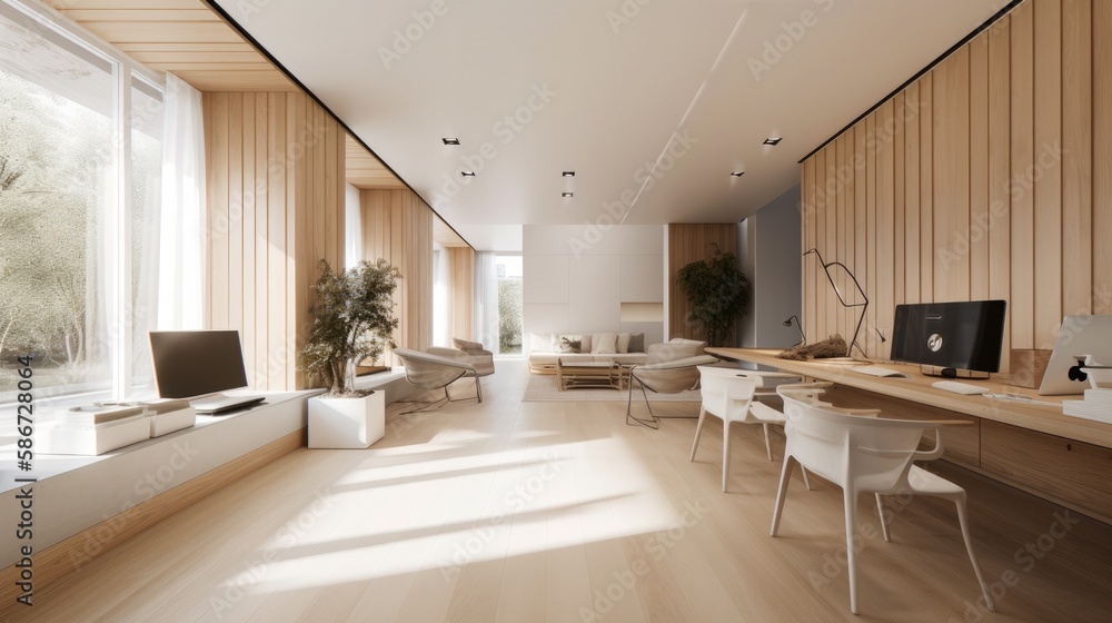 Fototapeta premium Light wooden living room for the homely feeling, interior. Generative AI Technology 